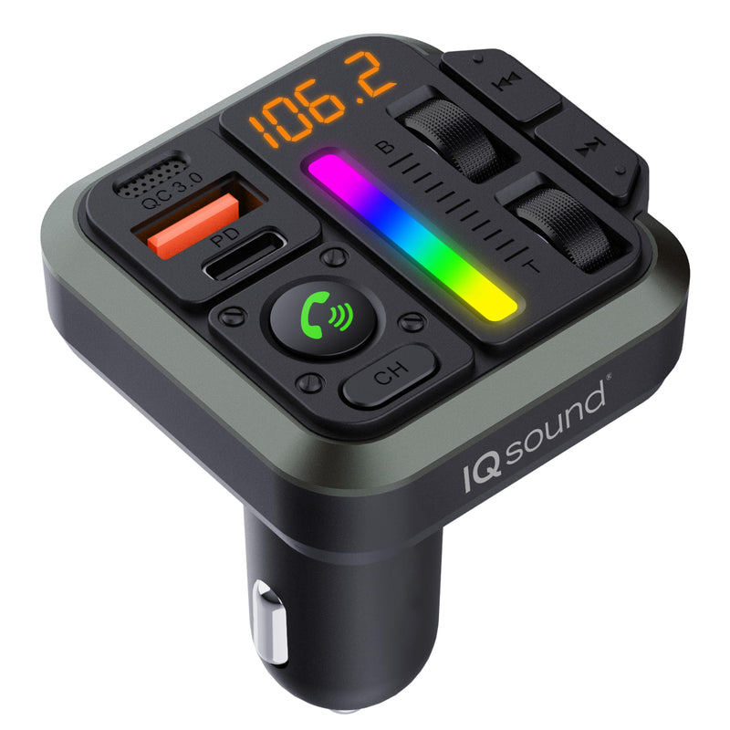 IQ Sound IQ-311BT 2-in-1 FM Bluetooth Transmitter & Car Charger with Bass & Treble Control, Wirelessly Stream Calls & Music, Hands-Free Mode, LED Display, Fast-Charging, Siri/Google Voice