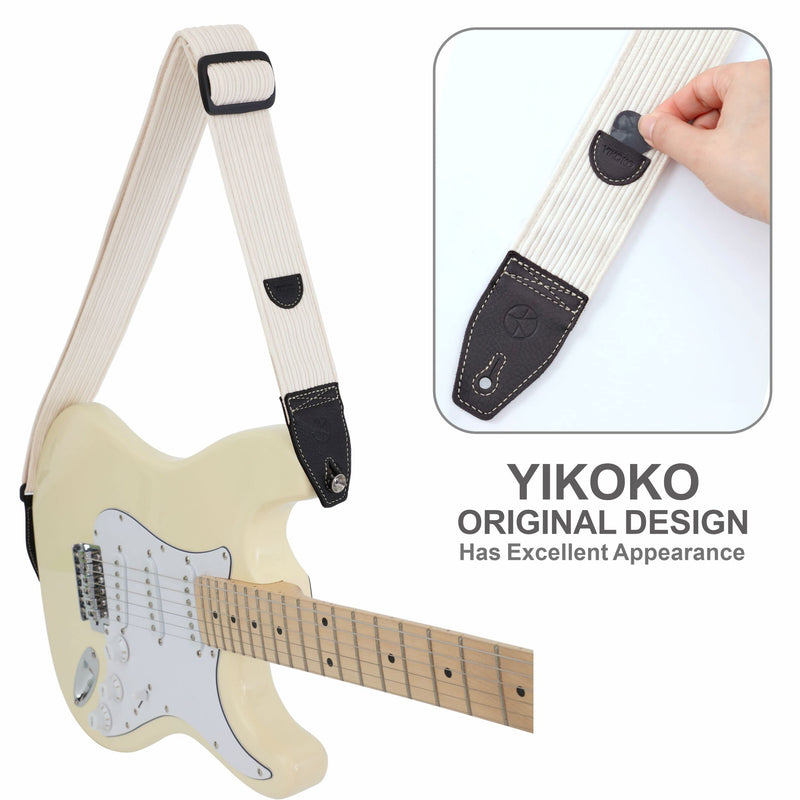 Guitar Strap 2 inch Corduroy Guitar Straps with Full Grain Leather End, for Bass Electric and Acoustic Guitars, Free Strap Button, 2 Strap Locks and 4 Guitar Picks Corduroy Series White