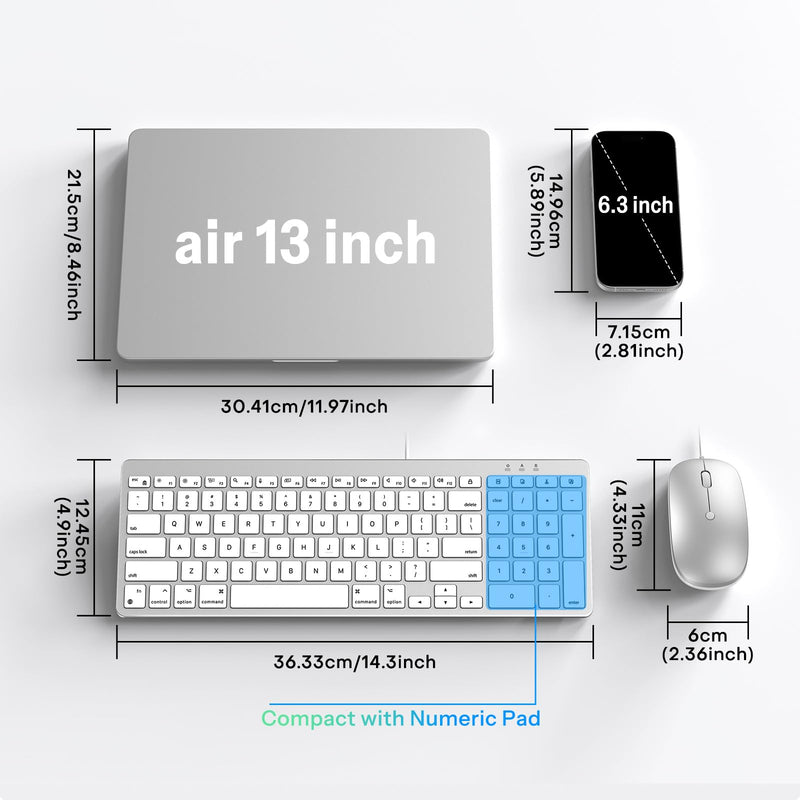 Wired Keyboard and Mouse for Mac, with Number Pad, USB-C/USB-A Plug & Play | Mouse Connects to Keyboard, Full Size for MacBook Air/Pro/iMac/Mini, Hotkeys, Ergonomic 6°Comfort Tilt for Home Office typing