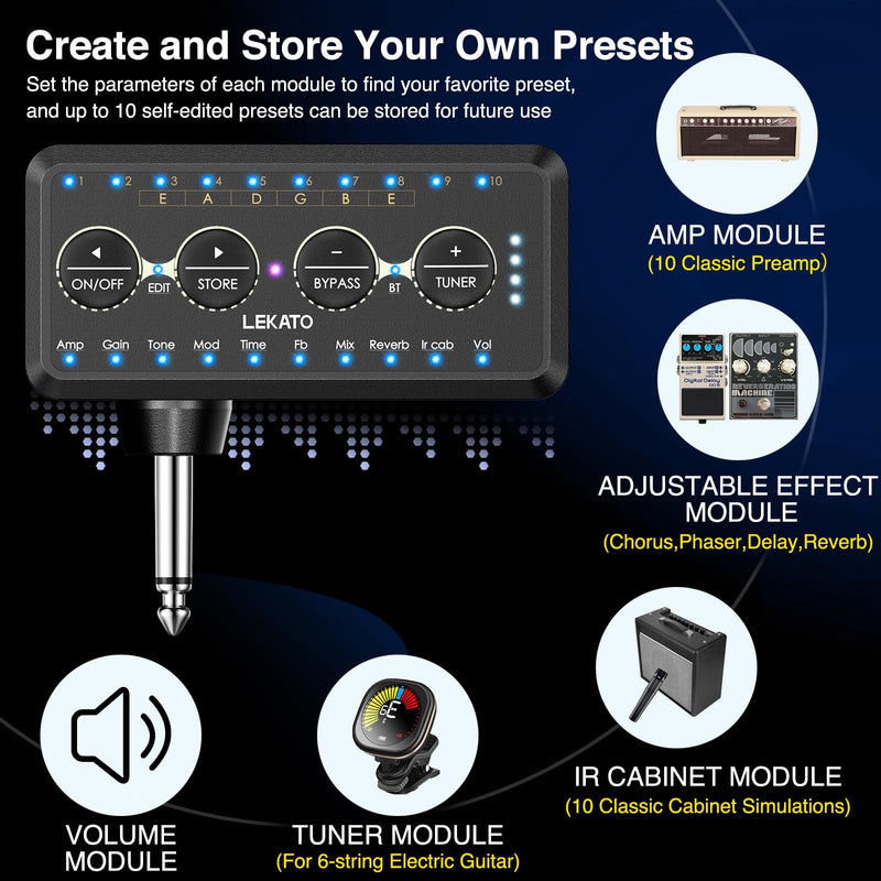 LEKATO Micro Guitar Headphone Amp Bass Guitar Headphone Amplifier with Multi Effects - Amp Models, IR Loading, Tuner, Rechargeable Electric Headphone Amplifier Delay Reverb Chorus Overdrive Portable