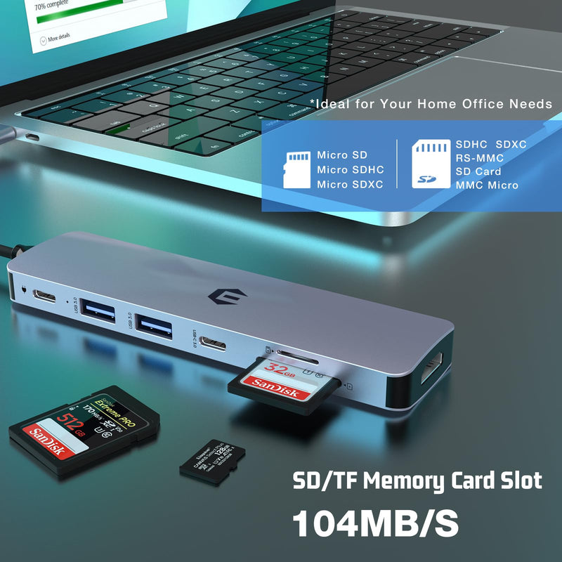 USB C HUB, Tymyp 7 in 1 Hub Adapter, HDMI Output, 100W Power Delivery, USB C 3.0, Dual USB 3.0 Ports, SD and Micro SD Card Reader, Ideal for USB C Laptops Dell XPS/HP/Surface and More