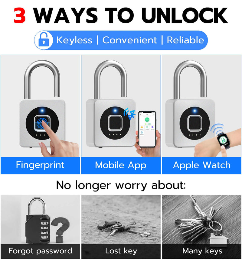 [AUSTRALIA] - eLinkSmart Fingerprint Gym Locker Lock, Keyless Biometric Padlock, Weatherproof Electronic Digital Smart Combo Pad Lock for Outdoor Fence Gate Storage Fridge Helmet Ski Pool Shed (Silver, with Cable) Silver, with Cable 