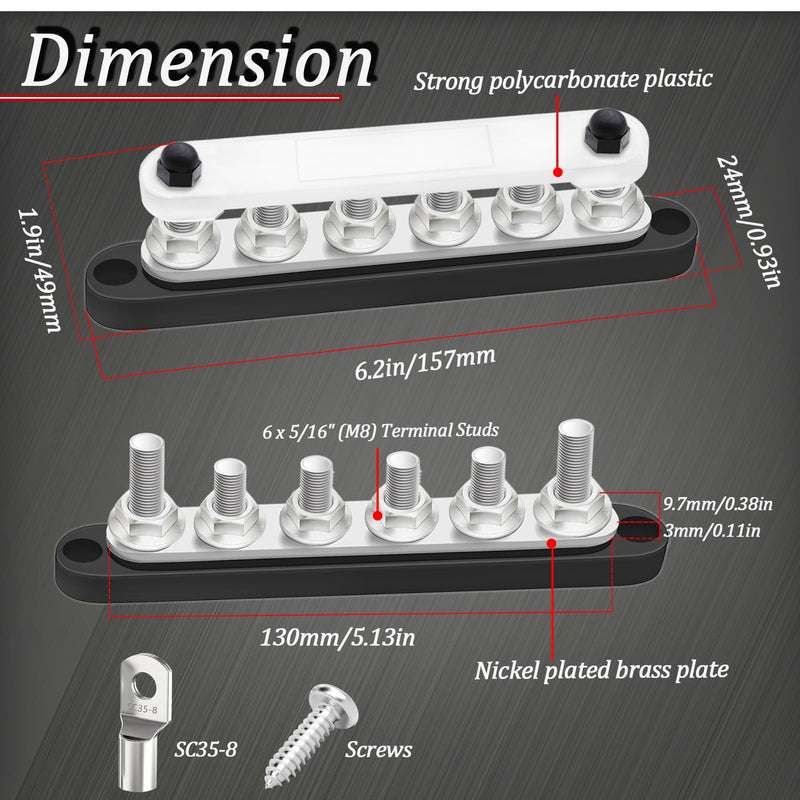 250A Bus Bar 12V Marine 6 x 5/16" (M8) Terminal Studs 12V-48V Power Distribution Block with Cover,with 6PCS Battery Lugs and 6PCS Heat Shrink Tubing Busbar for Boat Automotive Car 250A 6 x 5/16" (M8)