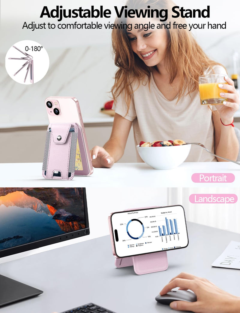 HiWe for Magsafe Wallet Stand - Magnetic Card Holder for iPhone 15/14/13/12 Series, ID Window, 3 Card Slots, Fit 8 Cards, RFID Blocking, Vegan Leather, Pink