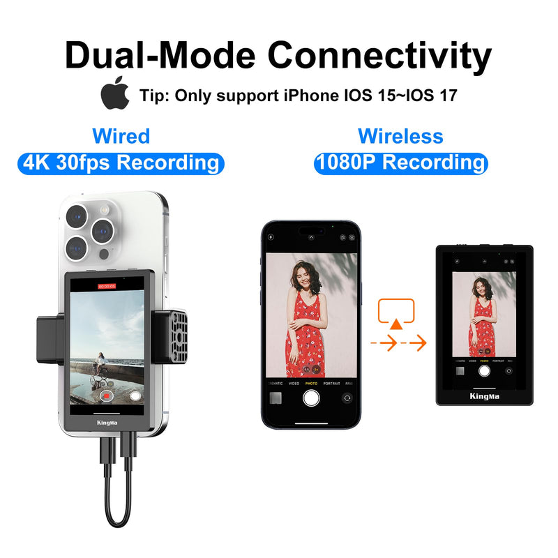 King Ma 4K 30FPS Phone Vlog Selfie Monitor Screen, Wired Mini Monitor for iPhone Rear Camera with Magnetic Phone Clip & Bluetooth Remote for Vlog Live Stream TikTok