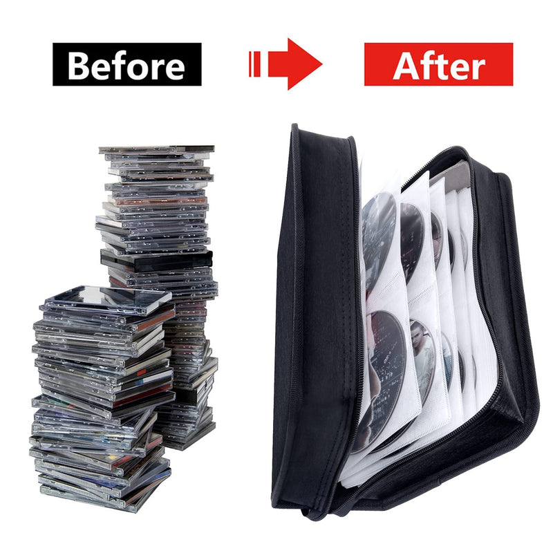 DVD Case, 128 Capacity CD/DVD Case Wallet Binder Storage Holder Booklet for Car Home Office and Travel (White Binder, Black) White binder