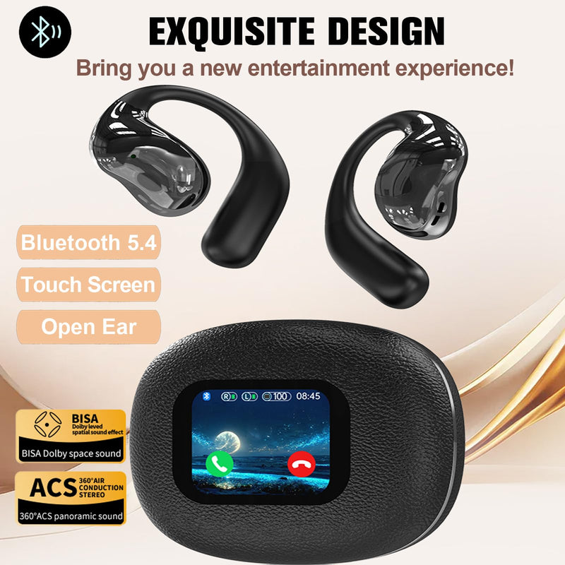 TWS Wireless Bluetooth Smart Touch Screen Ultra Open Ear Earbuds with Ear Hooks Over Ear Buds Sport Earphones with Screen On Case Air Conduction Touchscreen Bluetooth Headphones for Gym Work Running White