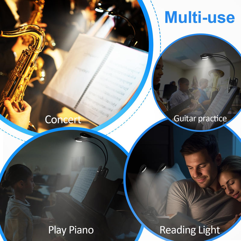 Music Stand Lights - Musician Piano Light Clip On, USB & AAA Battery Powered, Eye Care & Portable, 8 LED Book Reading Lamp, 2 Arm x 2 Brightness Levels, Ideal for Sheet Music,Orchestra, Guitar