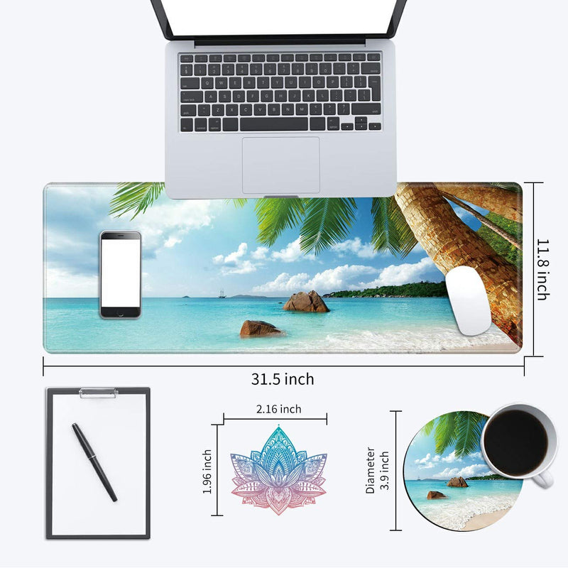 Desk Mat, Multifunctional Desk Pad for Keyboard and Mouse, with Cute Coasters and Mandala Stickers with Stitched Edges Non Slip Base Laptop Mouse pad for Office and Home, Seaside Tropical Palm Tree