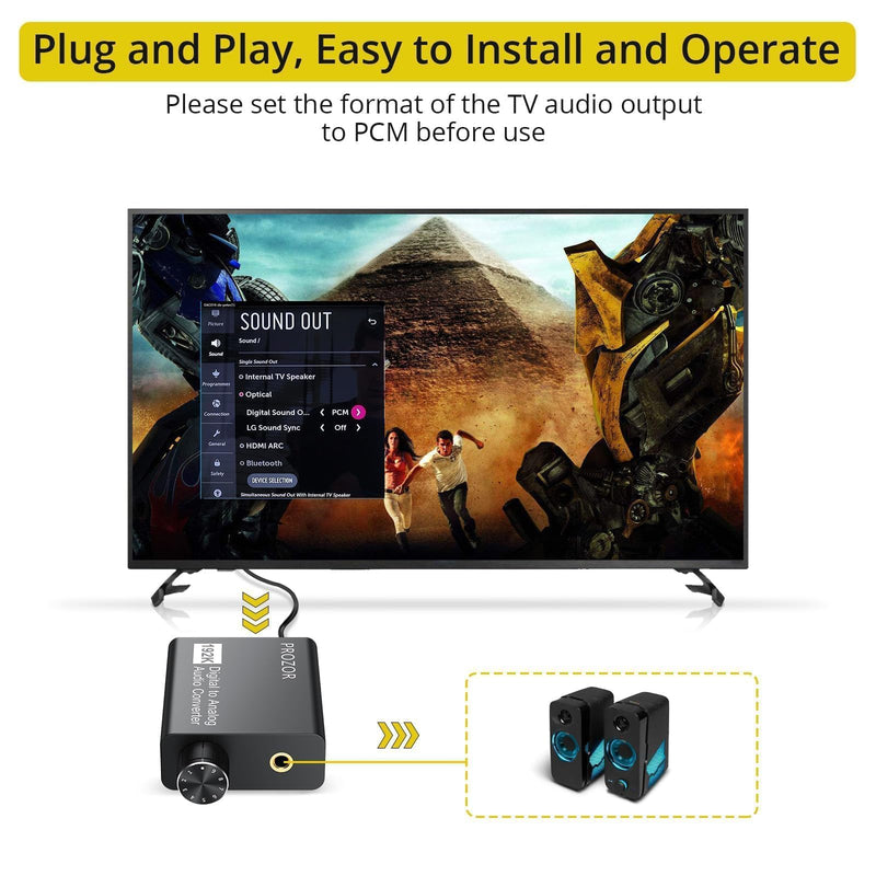 PROZOR 192KHz Digital to Analog Audio Converter with Volume Control, Digital SPDIF Optical to RCA Converter with Audio Amplifier Chip, Optical to 3.5mm DAC for HDTV DVD Blu-ray Players