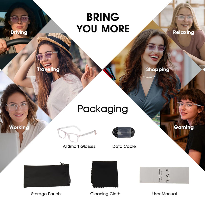 AI Smart Glasses for Women with Stylish Rose-Gold Thin Temples | Real-Time Translation - 164 Languages, Color-Changing Lenses, Lightweight, Free App, Bluetooth Glasses for Travel Working Pink-AI