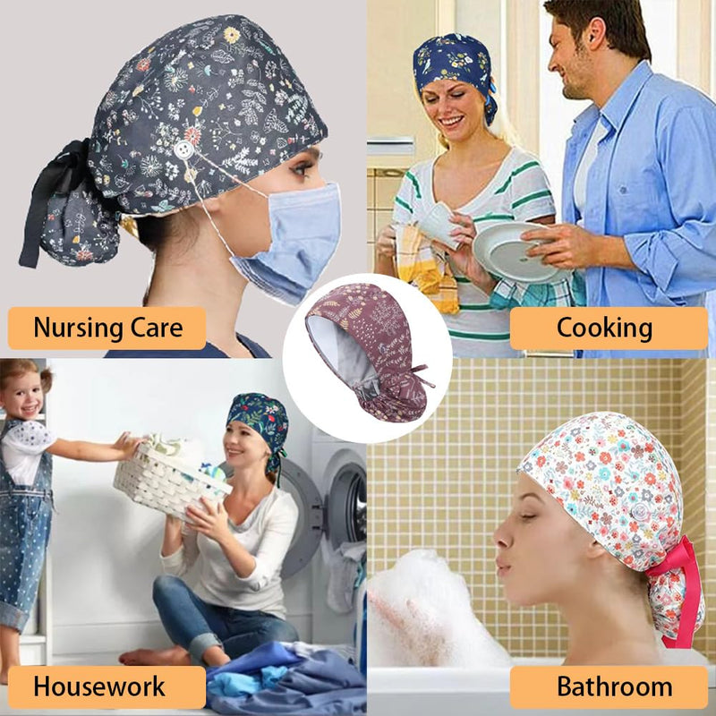 [AUSTRALIA] - 6 x Women's Surgical Caps with Satin Lining, Adjustable Fabric with Button, Ponytail Work Cap with Sweatband Hoods, Cotton Print Surgical, Chef's Hat, Dust Cap, One Size, multicoloured 