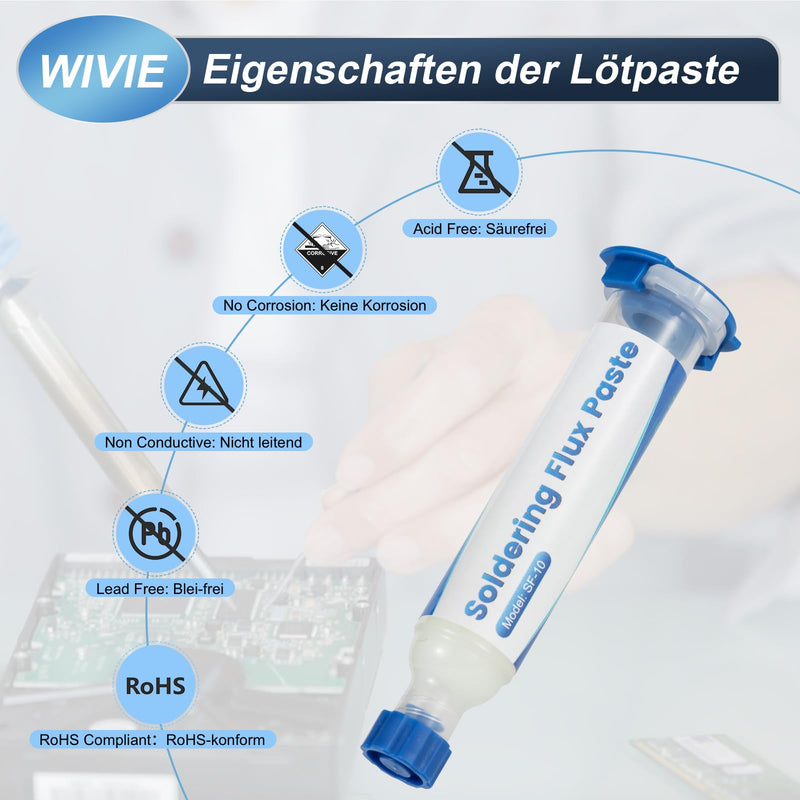 WIVIE Lead-free no-clean solder paste flux (3 packs) & 2.5 mm soldering desoldering wire, 3 m / 10 ft desoldering wire, pure copper desoldering wire for soldering removal (2 pieces) 3 Solder Paste and 2 Desoldering Wires
