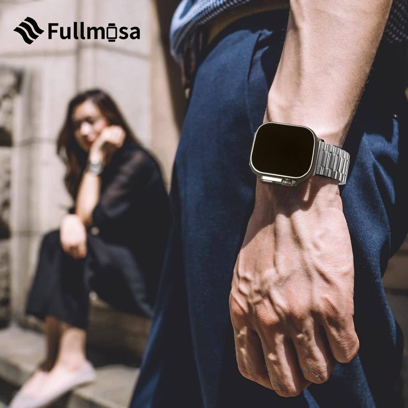 Fullmosa Compatible Stainless Steel Apple Watch Band Ultra/Ultra2 49mm Silver with Case & Compatible Leather Apple Watch Band Ultra/Ultra2 49mm,White
