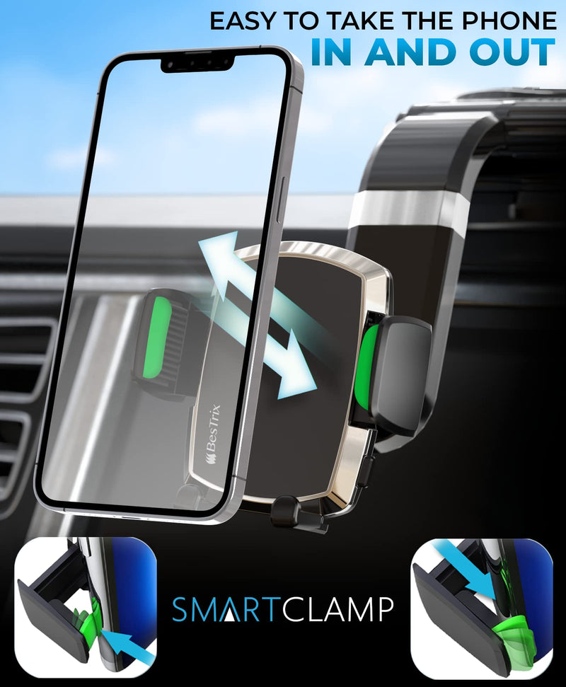 Bestrix SmartClamp Car Phone Mount | Dashboard Cell Phone Car Phone Holder Compatible with iPhone 13 12 11 Pro, Xr, Xs, XS MAX,XR,X, Galaxy S20 Note 20 Ultra & All Smartphones