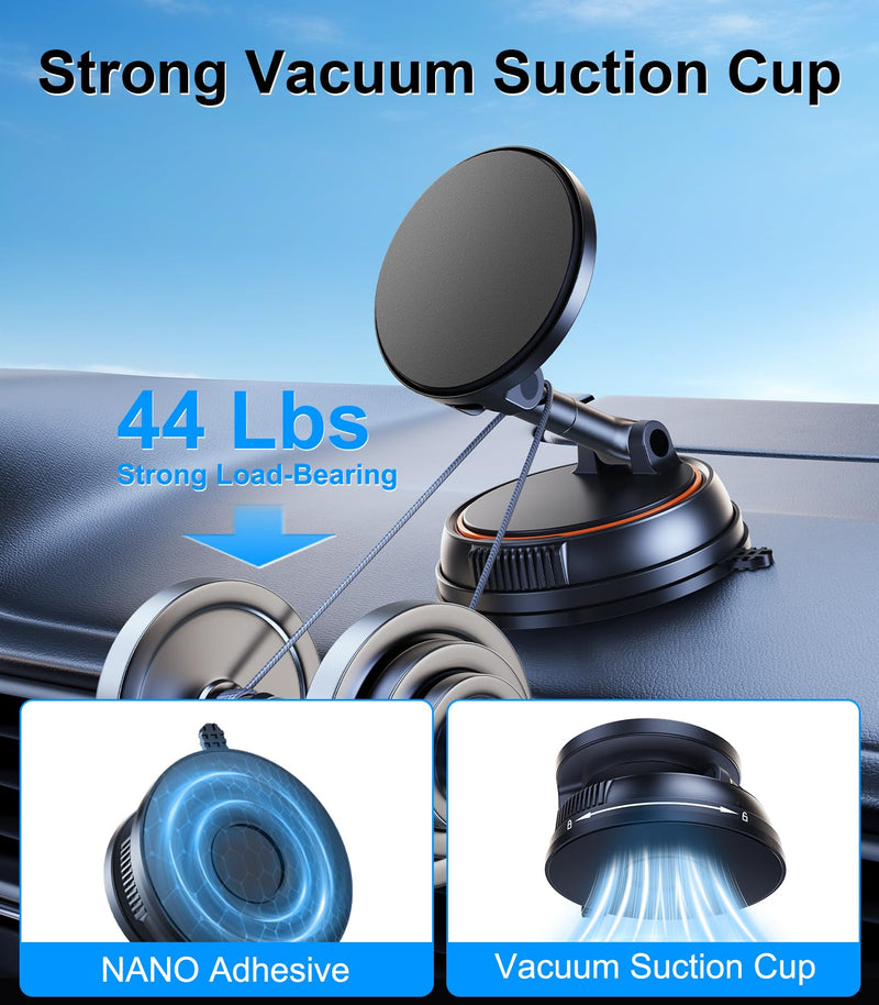 Magnetic Wireless Car Mount Charger Fast Charging, 360°Rotating Dashboard/Windshield Vacuum Suction Cup Phone Holders for Your Car, Car Accessories for iPhone 16 15 14 Pro Max Samsung Tesla
