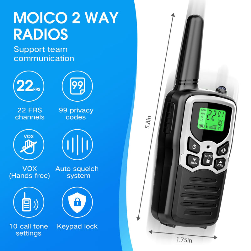 Walkie Talkies,MOICO Long Range Walkie Talkies for Adults Two-Way Radios with 22 Channels FRS VOX Scan LCD Display with LED Flashlight for Field, Survival Biking Hiking Camping 2 Pack (Silver) Silver