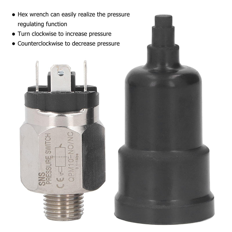QPM10-NO/NC Pressure Switch, 1/4" Normally Open Push Switch, Membrane Pressure Switch, 0.1-1MPa, Stainless Steel