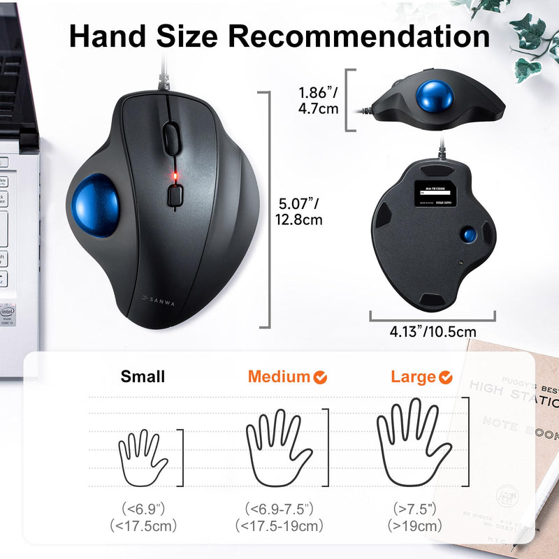 SANWA TB128BL Wired Trackball Mouse + GSKB066W Bluetooth Keyboard with Touchpad Set, Silent Click Roller Ball Mice, Multi Device Trackpad Keyboard, Compatible with Mac, Laptop, PC, Windows, macOS