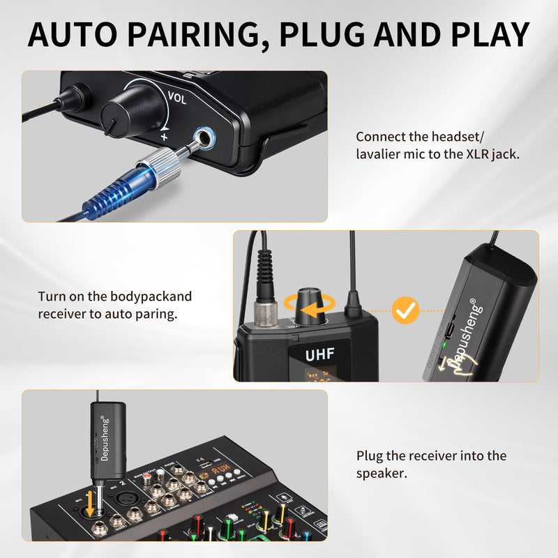 Depusheng UHF Microphone System -Wireless Microphone Set with Headset and Lavalier Lapel Mics, Beltpack Transmitter and Receiver,200ft Range, for Recording PA Speaker,Conference Q6MIC2