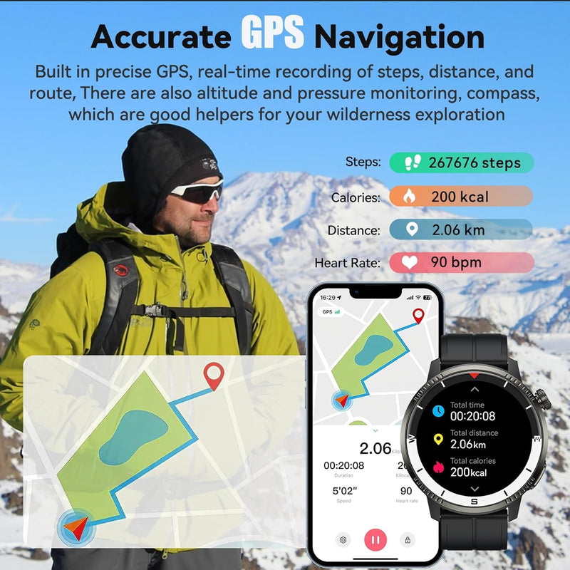 Smart Watch for Men, GPS Smartwatch Fitness Activity Tracker with Heart Rate/Sleep Monitor, Pedometer, Bluetooth Calls/Notifications, 170+ Exercise Modes, 5 ATM Water-Resistance (Black)