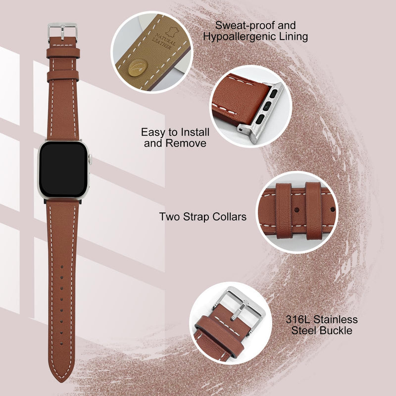 2 Pack Genuine Leather Bands (Brown and Beige) Compatible with Apple Watch Band for Women Men 42mm 41mm 40mm 38mm, for iWatch Series 10 9 8 7 6 SE 5 4 3 2 1