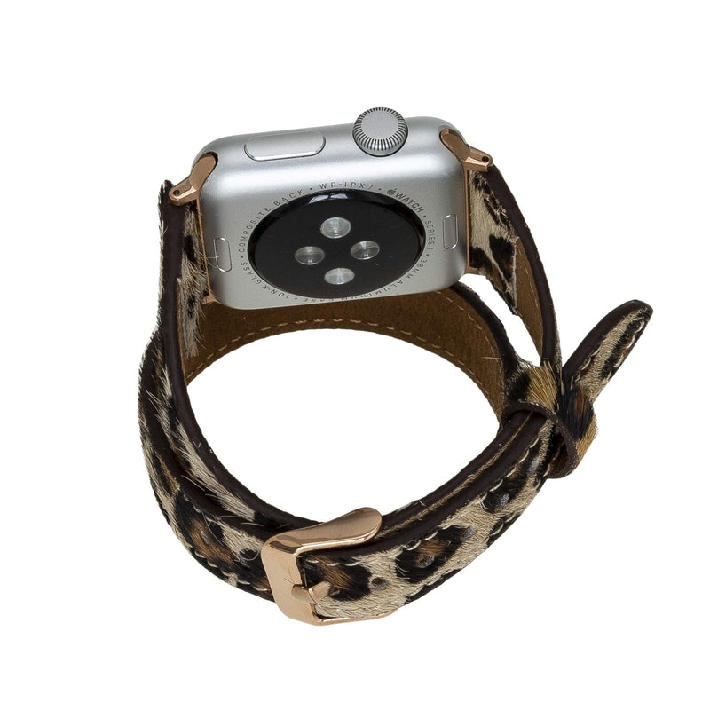 Venito Serena Slim Double Wrap Leather Watch Band Compatible with Apple Watch iwatch Series 1, 2, 3, 4, 5, 6, 7, SE (Furry Leopard w/Rose Gold Stainless Steel Hardware, 38mm-40mm)