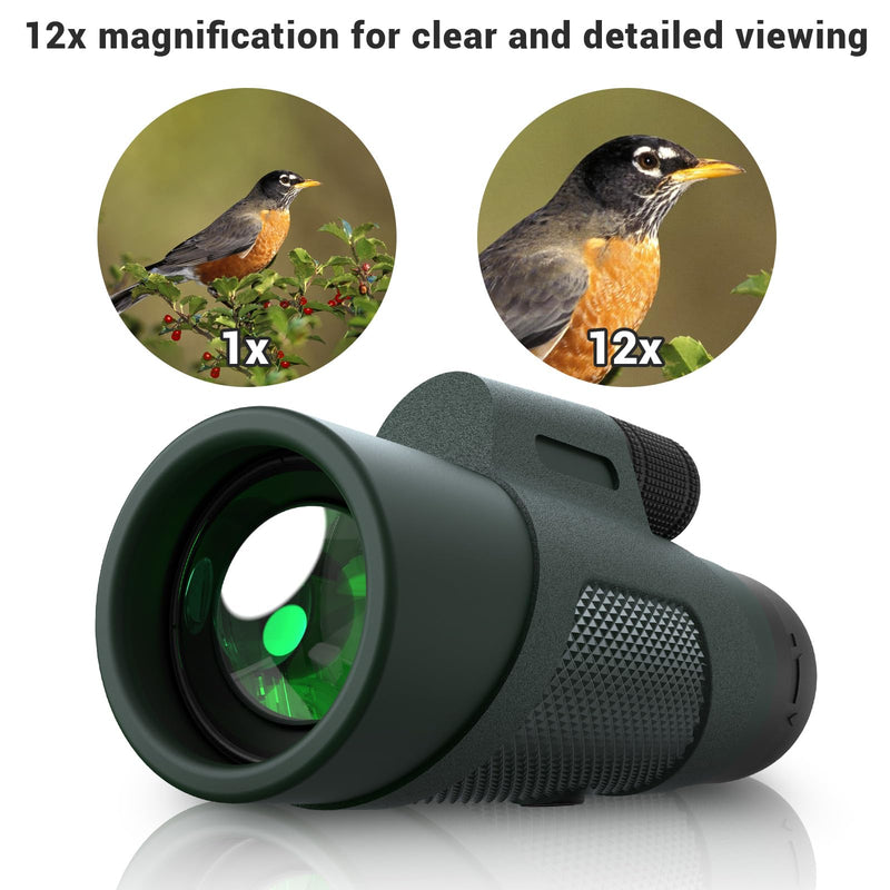 12x50 Monocular Telescope for Adults, High Powered Monoculars Compact Scope Portable Handheld Telescope with BAK-4 Prism FMC Lens for Bird Watching Hiking Camping Hunting Travel 12x50 Green