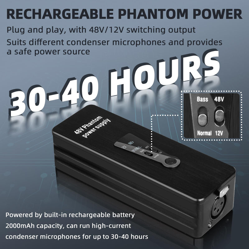 Depusheng Phantom Power Supply 48V/12V Switch, Rechargeable Portable Phantom Power for Condenser/Interview Shotgun Microphone, Audio Interface, Recording Studios, Up to 40h Working Time