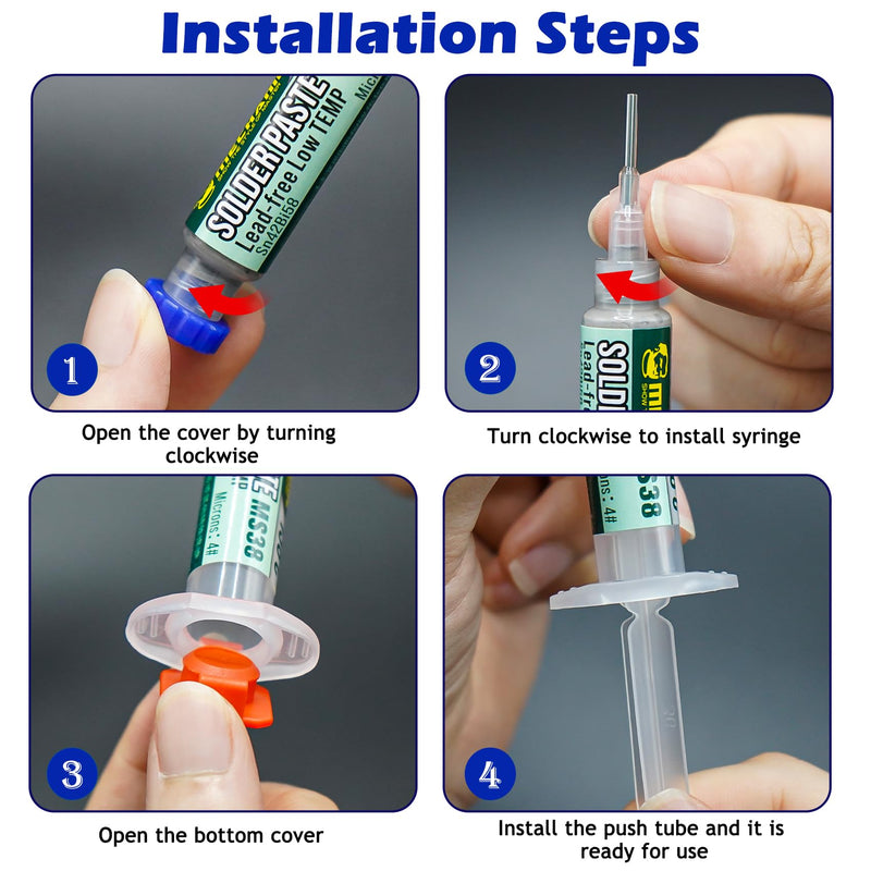 Syringe Soldering Paste, Sn42 Bi58 Soldering Paste SMD, Lead-Free Soldering Paste with 2 Dosing Tools and Push Rods, No Cleaning Required, Low Temperature 138°C, for BGA SMT Solder (20g)
