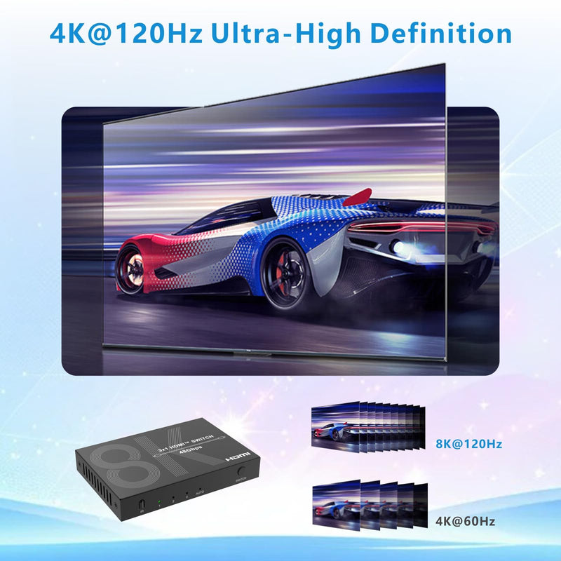 8K HDMI Switch 3 in 1 Out 4K@120Hz HDMI Switcher Support HDR10+, Dolby Vision, Dolby Atmos, VRR, ALLM, CEC