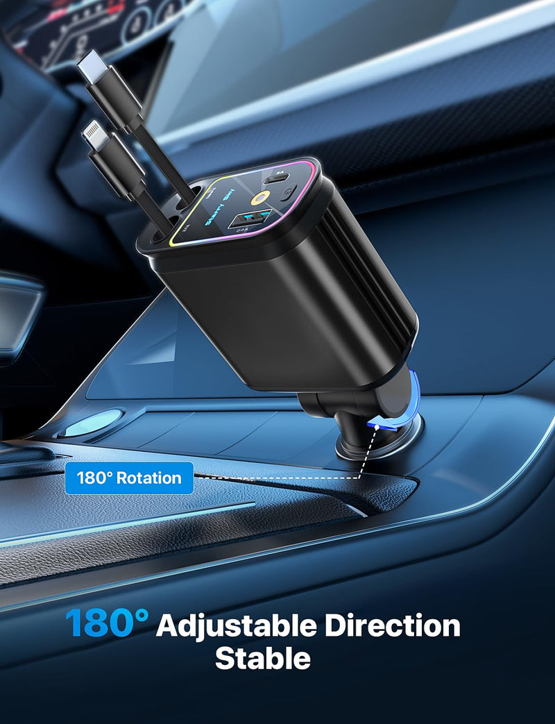 Starlight Retractable Car Charger with Retractable Cables, Starlight in Car Roof 4 in 1 Super Fast Car Phone Charger, 2 USB Ports Starry Sky Car Charger Adapter, Compatible with iPhone 15 14 13 Deep Black