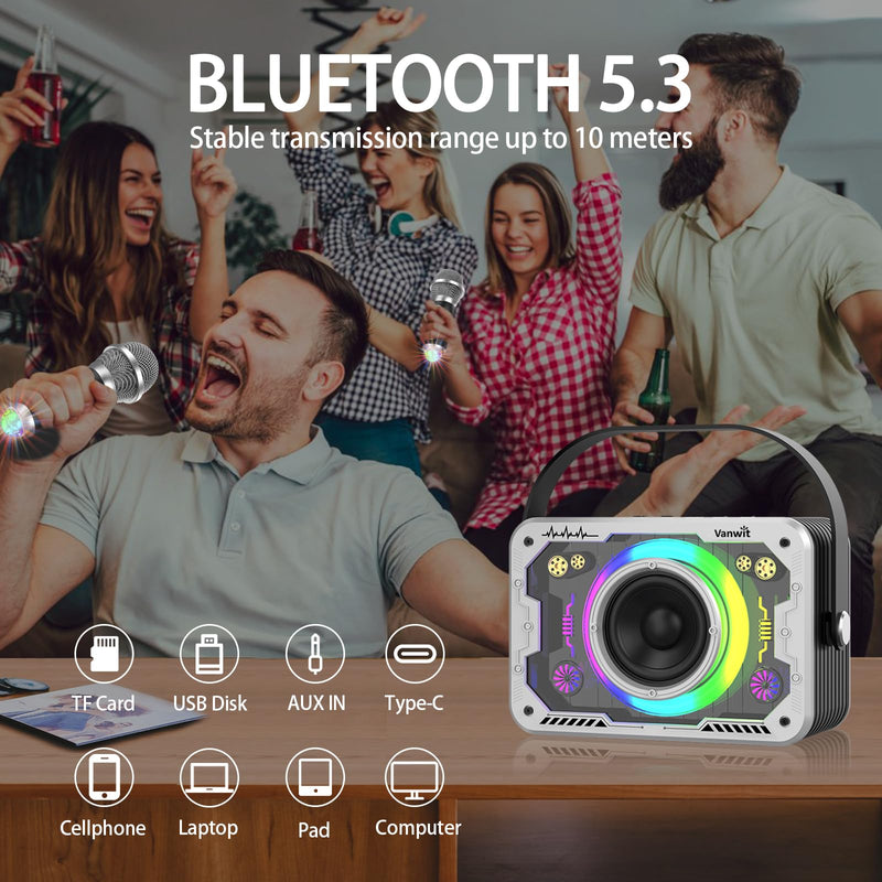 [AUSTRALIA] - Karaoke Machine, 2 Wireless Karaoke Microphones with Disco Lights, Portable Bluetooth Speaker, Singing Machine with PA System for Adults Kids, Supports AUX/USB/TF for Home Party Indoor/Outdoor Silver 2mics 