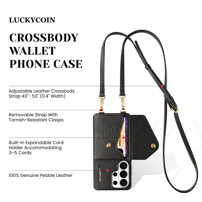LUCKYCOIN Leather Crossbody Wallet Case for Samsung Galaxy S26 Ultra, Black | 100% Genuine Leather, Purse Phone Case, with Expandable Flip Card Holder, Adjustable Lanyard Strap, for Men Women, Travel
