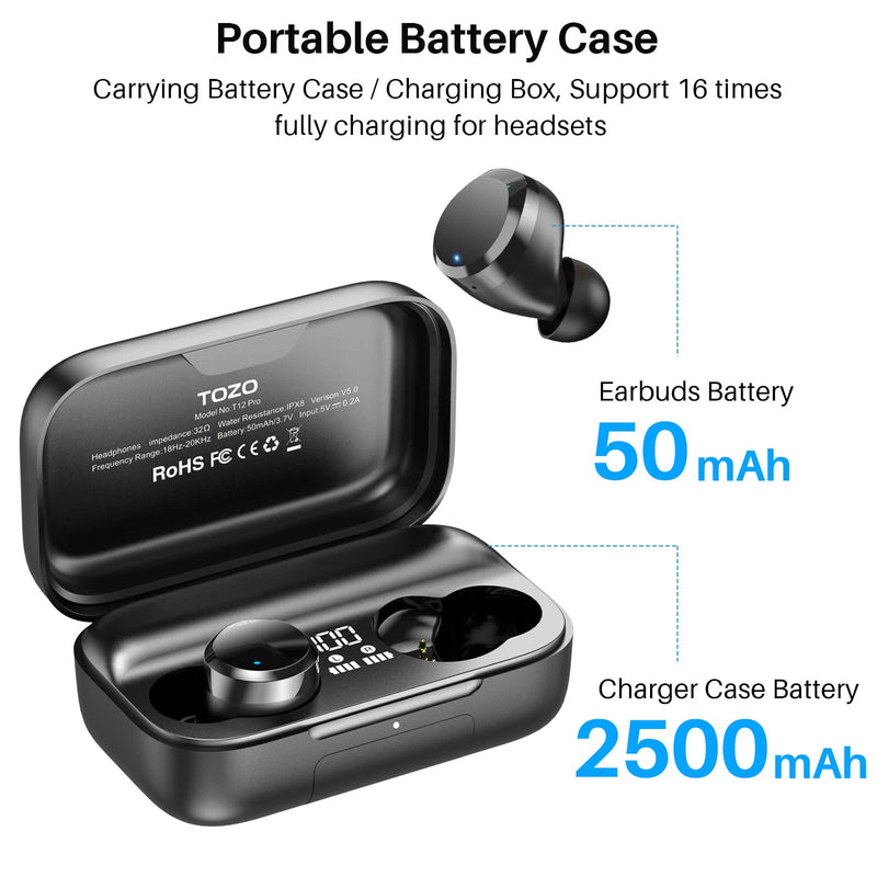 TOZO T12 Pro Wireless Earbuds with Qualcomm QCC3040, aptX Stereo Sound | 4 Mics CVC 8.0 Call Noise Cancelling Ear Buds, 2500mAh Wireless Charging Case, IPX8 Waterproof, 10mm Drivers, Premium Audio Black