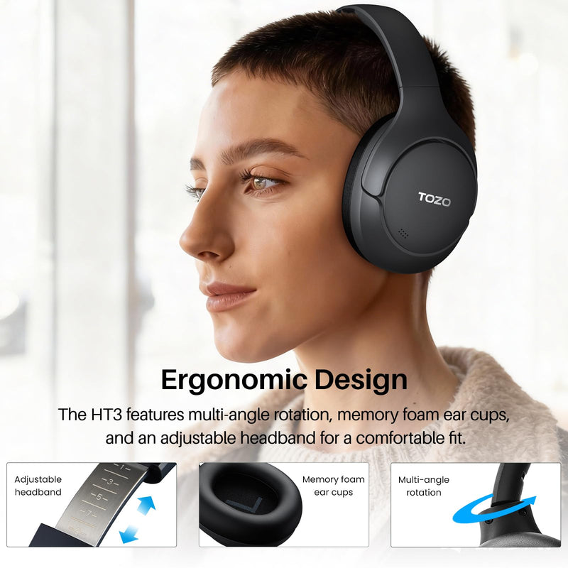 [AUSTRALIA] - TOZO HT3 Hybrid Noise Cancelling Headphones, 90H Battery Life Wireless Over Ear Bluetooth 6.0 Foldable Headset, AI Voice Assistant with 5 Mics, Connect 2 Devices and Hi-Res Sound, 32 EQ Audio Presets Titanium Black Headphones Only 