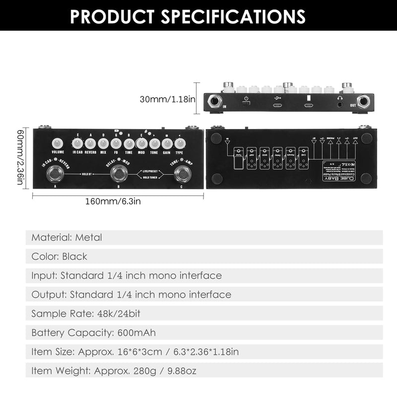 CUBE-BABY Guitar Multi-Effects Pedal with 8 IR Cabinet Simulations, Rechargeable Battery, and Precision Tuner