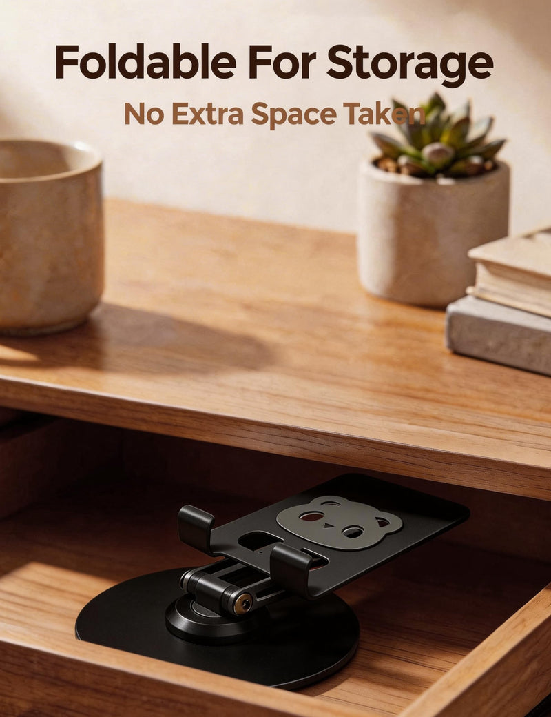 All-Metal 360° Rotating Desk Phone Stand for 4-8" Phones & Tablets | Dual-pole adjustable design, carbon steel base, anti-slip silicone pads, case-friendly, scratch resistant, heat dissipation black