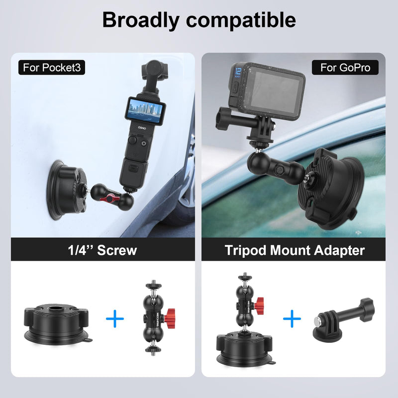 Suction Cup Mount with 10" Carbon Fiber Rod- Adjustable Car & Home Camera Holder for Action Cams,Smartphones & 360°Cameras - Compatible with GoPro,DJI OSMO,Insta360 X4/X3,Akaso,and More