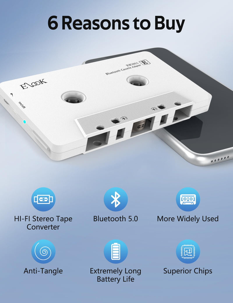 Elook Car Audio Receiver, Bluetooth Cassette Receiver Tape Aux Adapter Player with Bluetooth 5.0, White