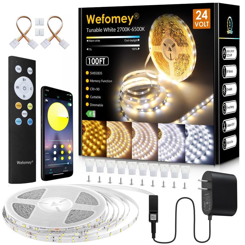 Wefomey White LED Strip Lights, 100ft Dimmable Bright 24V Led Tape Light with Remote and App Control, 2700K-6500K White 1440 LEDs Lights for Bedroom, Kitchen, Ceiling (1 Rolls of 100ft) 1 Rolls of 100ft