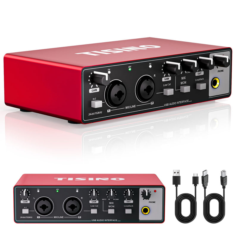 TISINO Audio Interface 2i2-24Bit/192kHz, USB Audio Interface for Recording, Songwriting, Streaming and Podcasting, Plug & Play Studio Interface with 48V Phantom Power, PC/Mac/iOS Compatible,RED Classic Red