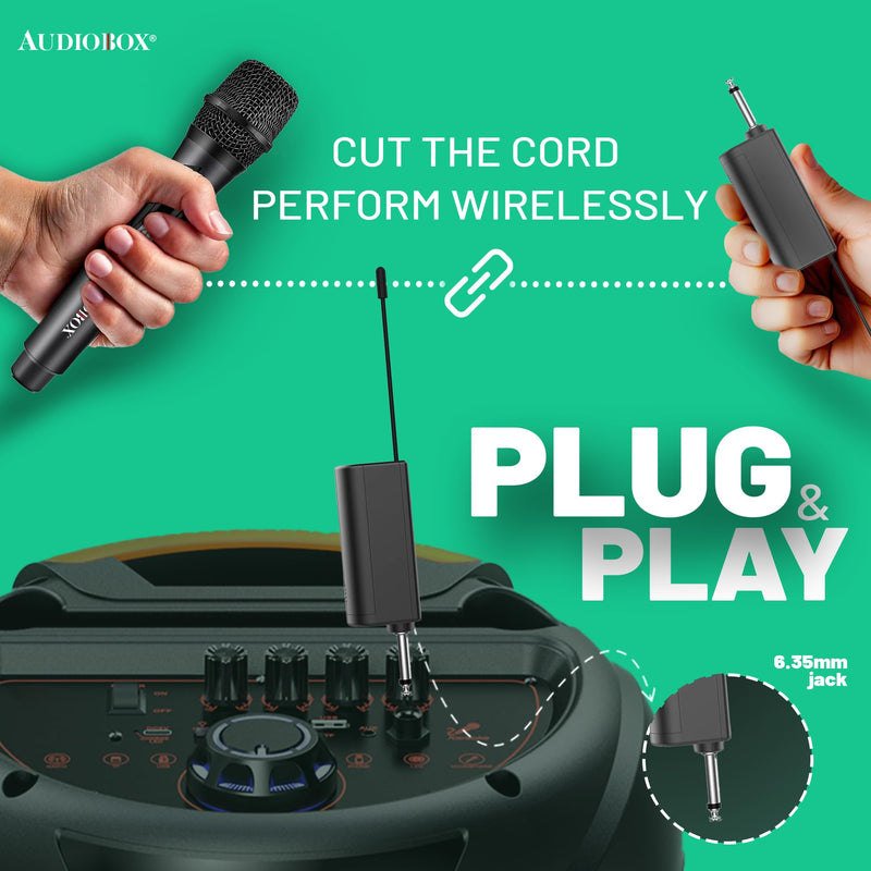 [AUSTRALIA] - Audiobox Wireless Microphone, UHF Metal Dynamic Handheld Multipurpose Mic with Rechargeable Receiver (4hrs), 160ft Range, for Karaoke Machine, Amplifier Speaker, Mixer, Church, PA - Black (2) 2 