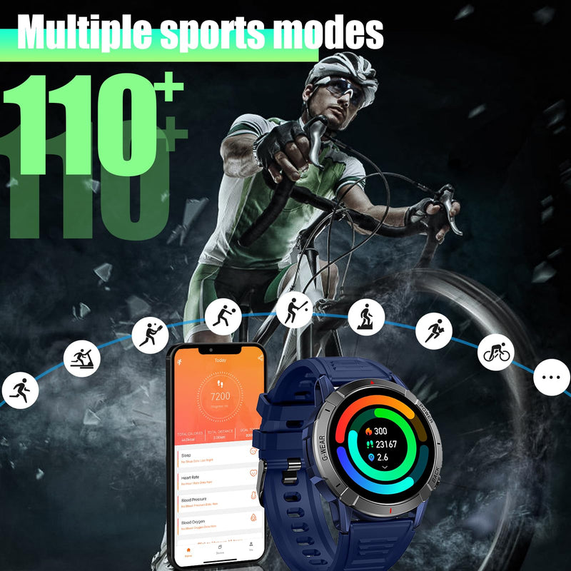 Military Smart Watch for Men Make/Answer Calls 1.43" AMOLED Display | Rugged Outdoor Tactical Smartwatch with 110+ Sports Modes, Heart Rate & Sleep Monitor Sports Fitness Watch for Android iOS Blue