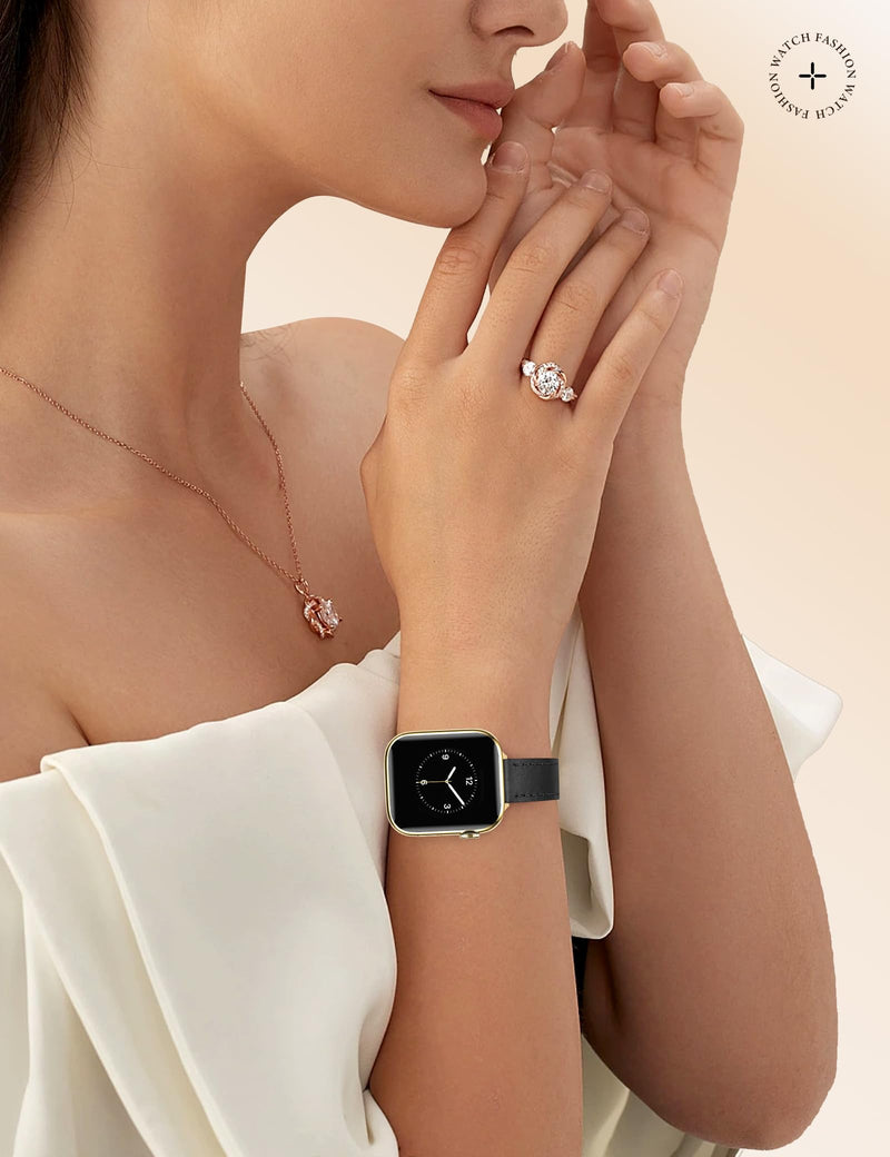 JR.DM Black Leather Bands Compatible with Apple Watch