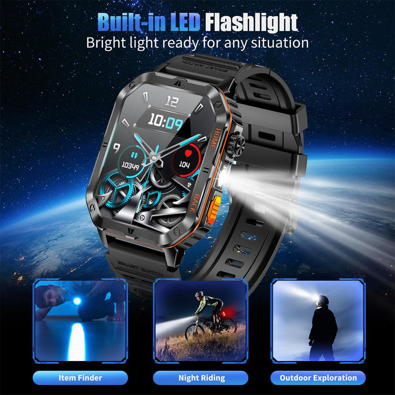 Military Smart Watch for Men, 2.01" Screen Watch with 1200mAh Battery | Bluetooth Calling, Built-in Flashlight, 5ATM Waterproof, and 110+ Sports Modes Compatible with Android and iPhone Black-WL-H01