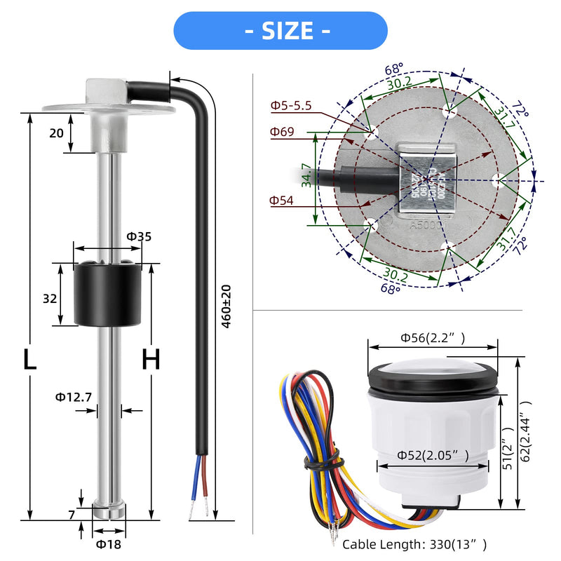 Level Sensor 175 mm, 0-190 Ohm Fuel Gas Sensor, Stainless Steel Fuel Sending Unit, Water Level Indicator Sensor for Boats, 5-Hole Fuel and Water Indicator 0-190 ohms 175mm