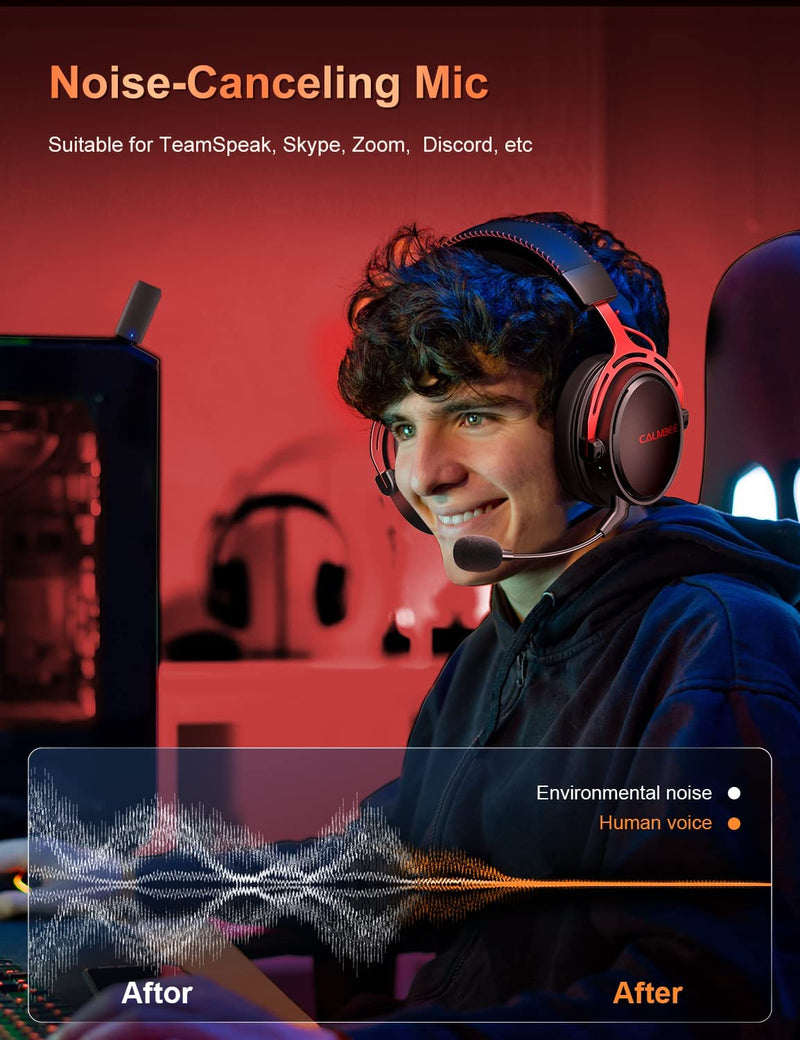 Wireless Gaming Headset with Microphone for PC PS5 PS4 Playstation, 2.4G USB Computer Headphones with Mic,Over-Ear Wireless Bluetooth Gamer Headsets for Laptop Mac Red