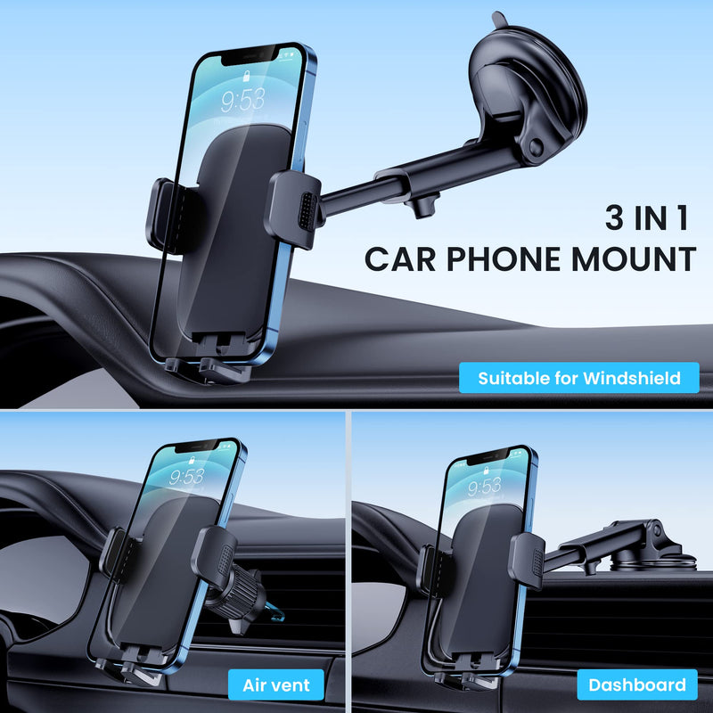 Qifutan Car Phone Holder Mount Phone Mount for Car Windshield Dashboard Air Vent Universal Hands Free Automobile Cell Phone Holder Fit iPhone Black