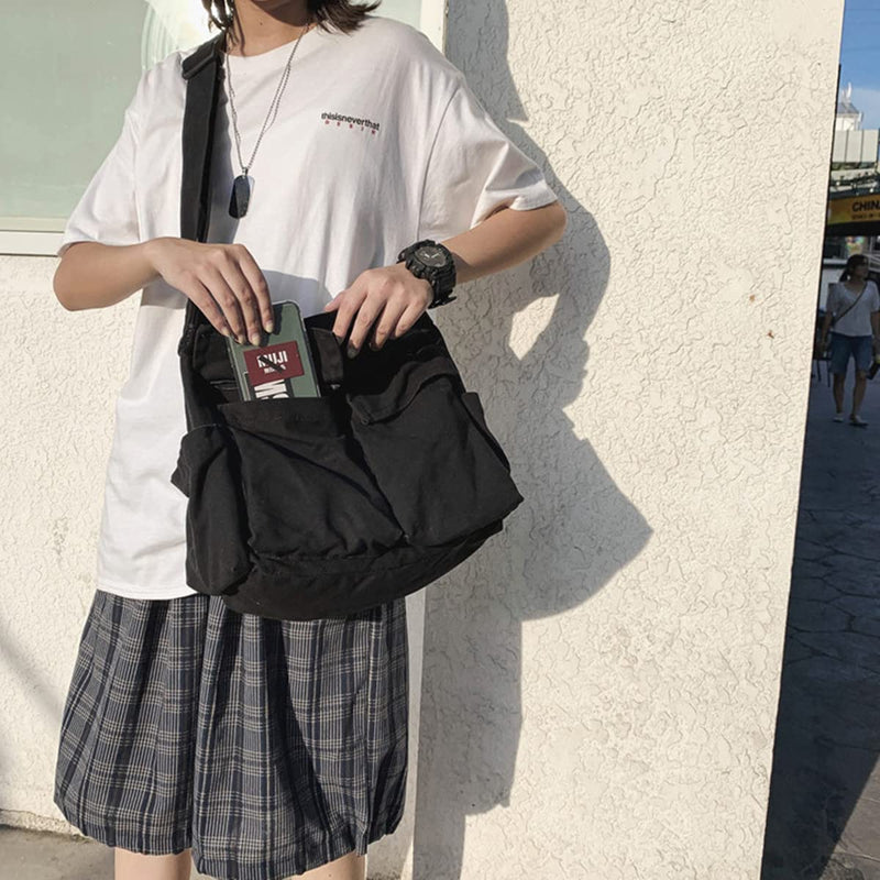 Aesthetic Cute Messenger Bag for School Vintage Black Canvas Crossbody for Women Shoulder Laptop Bag